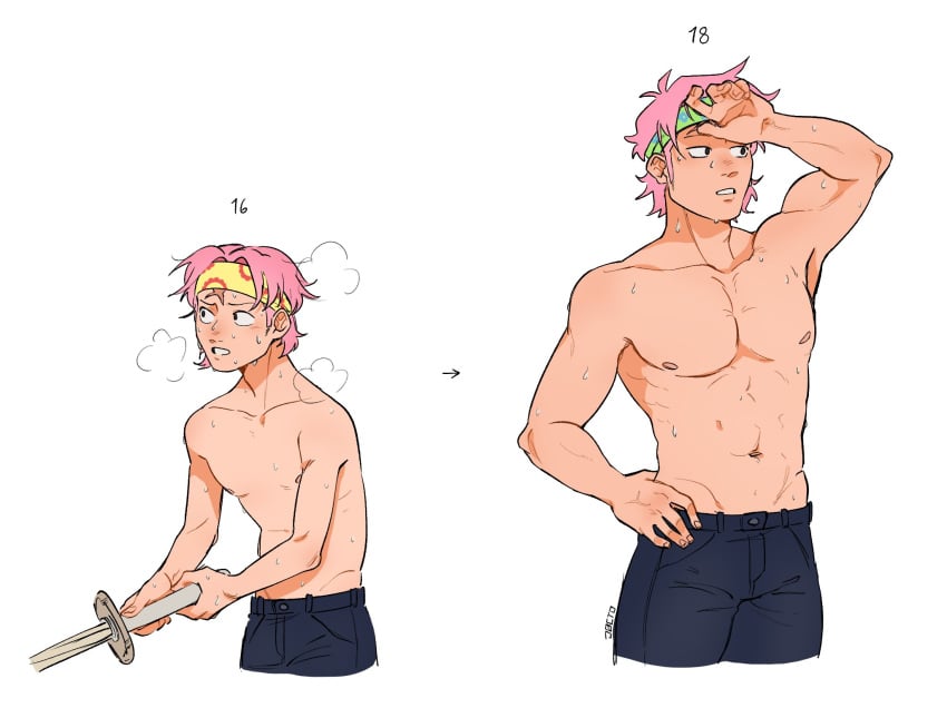 age_progression bandana color glasses jeans koby_(one_piece) male_only muscular pink_hair shirtless sweat sweatdrop sweating sword time_skip training