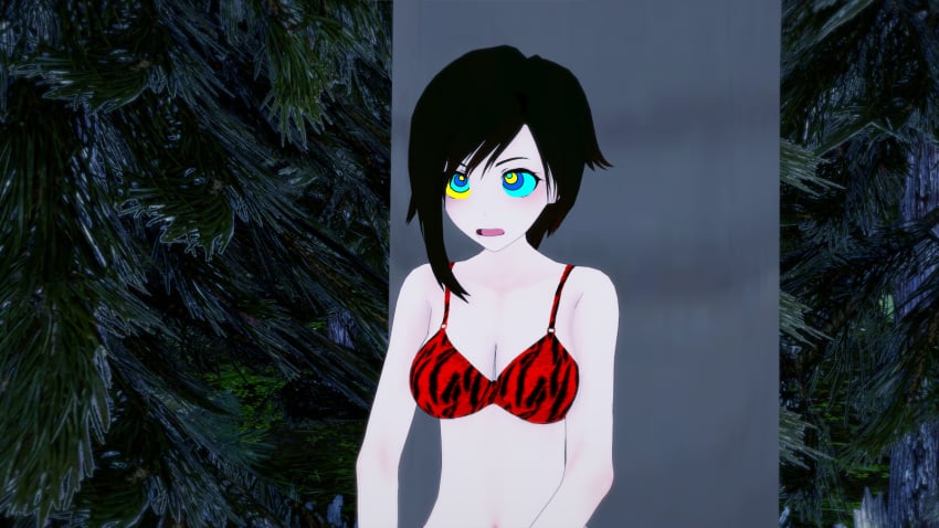 3d bikini black_hair breasts crossed_arms hypnosis kaa_eyes koikatsu leaning_forward leopard_print medium_breasts mind_control mrkoiru open_mouth outdoors pale_skin ruby_rose rwby silver_eyes surprised swimsuit the_jungle_book