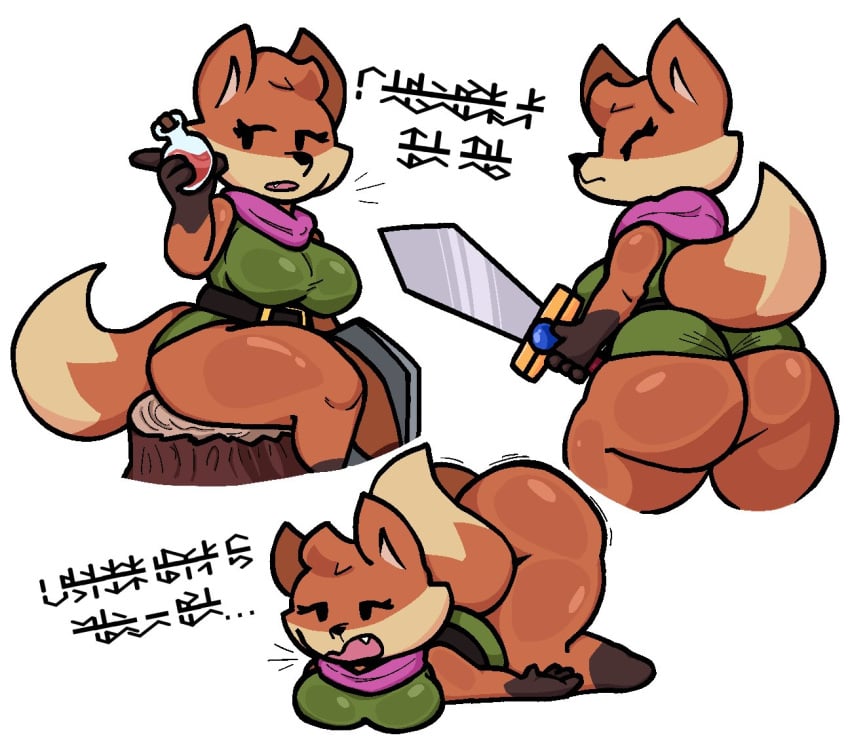 big_ass big_breasts breasts bubble_butt drunk female fox furry genderswap huge_ass language lewdewott no_humans no_pants orange_fur potion ruin_seeker shield sword tagme tail thick_thighs tunic_(video_game) white_background wide_hips