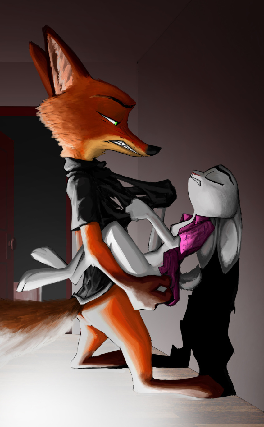 2017 against_wall anthro ass ass_grab bottomless canine carrying closed_eyes clothed clothing disney female flat_chest flat_chested fox green_eyes half-closed_eyes hand_on_ass inside judy_hopps lagomorph male mammal nick_wilde open_clothes open_shirt rabbit sex shirt stand_and_carry_position standing thewyvernsweaver torn_clothes torn_clothing zootopia