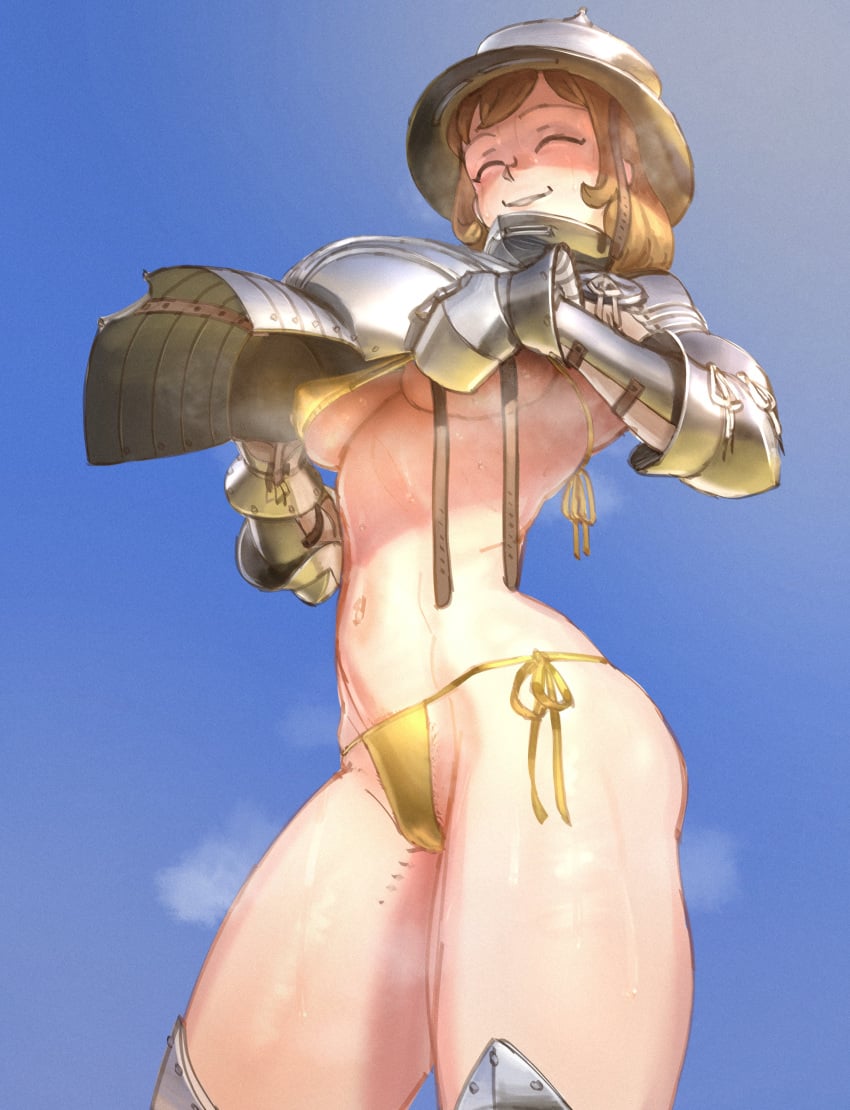 1girls armor big_breasts bikini breasts brown_hair busty closed_eyes covered_erect_nipples female_knight gold_bikini golden_week knight large_breasts legs medium_hair navel original pubic_hair pubic_hair_peek sensual short_hair smile solo sweat thick_thighs thighs toned underboob undressing unworn_armor voluptuous wassnonnam