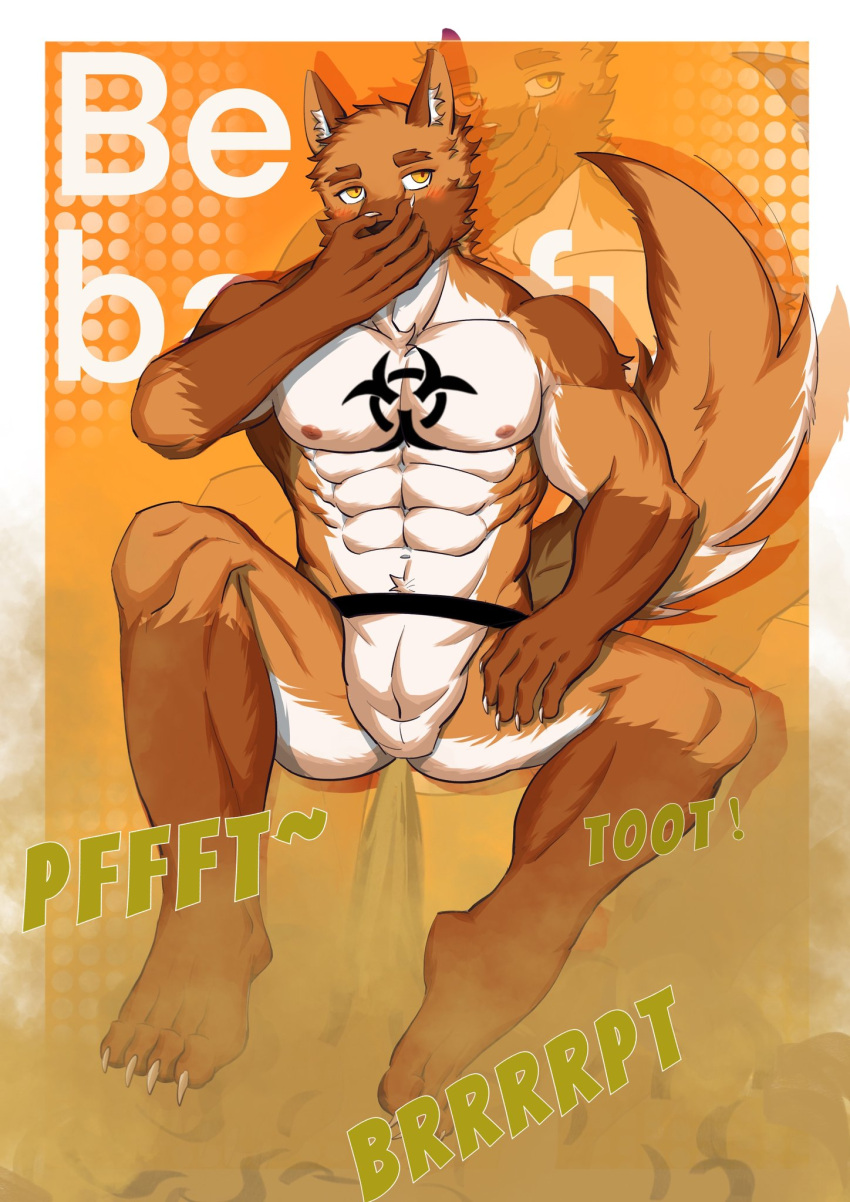 anthro biohazard_tattoo bulge canid canine canis clothed clothing covering_nose domestic_dog fart fart_cloud german_shepherd herding_dog hi_res huge_fart jockstrap jockstrap_only male mammal manly muscular muscular_male muying pastoral_dog smelly solo topless underwear underwear_only