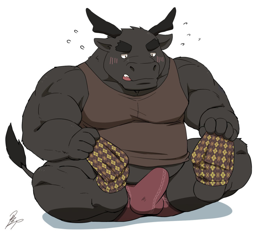 anthro balls blush bovine cattle clothed clothing colored erection fundoshi japanese_clothing male male_only mammal mohumohuotou muscular penis simple_background solo tenting underwear white_background