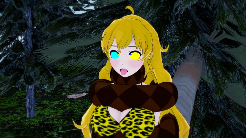 3d asphyxiation bikini blonde_hair breasts choking coiling eyes_crossed hypnosis kaa_eyes koikatsu lamia large_breasts leopard_print long_hair mind_control monster monster_girl mrkoiru open_mouth original original_character outdoors pale_skin rwby smile snake the_jungle_book tongue tongue_out yang_xiao_long