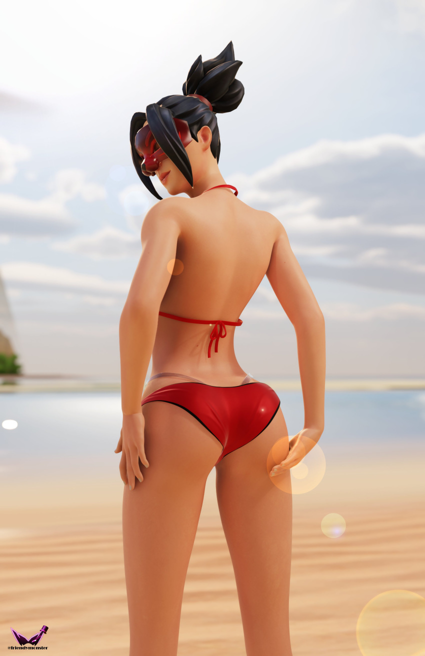 3d beach bikini bikini_bottom bikini_top black_eyes black_hair blender blender_(software) curvy fortnite hime_(fortnite) light_skin mask red_mask solo viewed_from_behind watermark