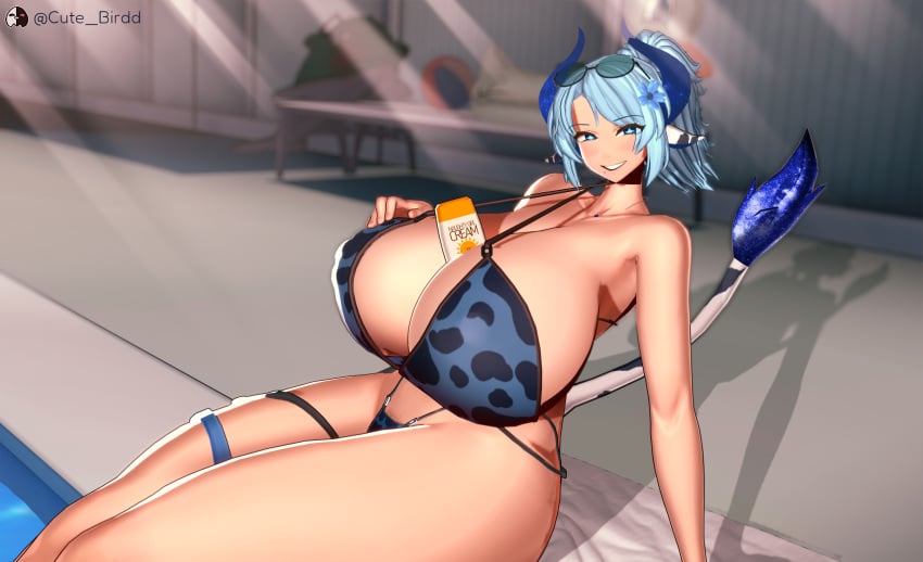 3d 3d_(artwork) between_breasts big_breasts bikini blue_eyes blue_hair breasts breasts_bigger_than_head clothed cow_girl cute_birdd eyewear_on_head female gigantic_breasts hips_wider_than_shoulders horns huge_breasts indie_virtual_youtuber koikatsu looking_at_viewer miilkywayz mommy outside pool poolside sitting smug solo sunscreen swimsuit tagme thick_legs thick_thighs thighs virtual_youtuber watermark wide_hips