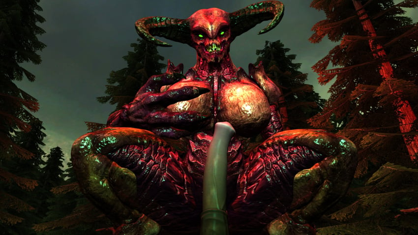 baron_of_hell_(doom) demon doom foreskin green_eyes holding_breast horns horsecock looking_at_viewer night pussy red_body zengar