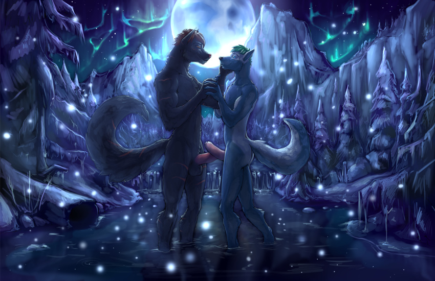 5_fingers anthro ass aurora_borealis balls biceps black_nose blue_eyes blue_fur brown_eyes brown_hair canine cheek_tuft dark duo embrace eye_contact fluffy fluffy_tail forest fur green_hair grey_fur hair humanoid_hands humanoid_penis male mammal moon mountain multicolored_fur muscular night nude outside partially_retracted_foreskin pecs penis pink_nose pink_penis pointy_ears sky smile snow standing thrasian tree tuft two_tone_fur uncut water white_fur winter wolf yaoi