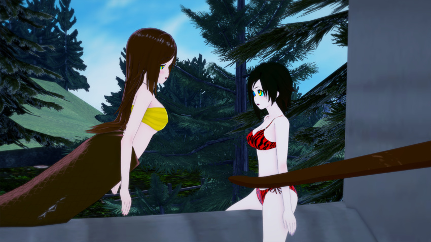 3d bikini black_hair breasts brown_hair coiling hypnosis kaa_eyes koikatsu lamia leaning_forward leopard_print long_hair medium_breasts mind_control monster monster_girl mrkoiru open_mouth original original_character outdoors pale_skin ruby_rose rwby snake snake_girl swimsuit the_jungle_book yellow_eyes