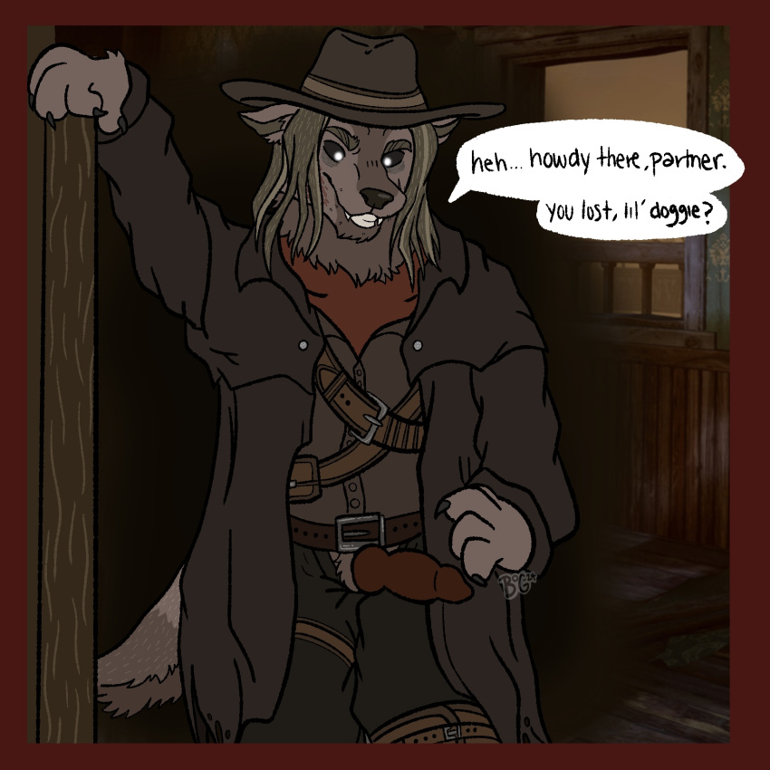 age_difference animal_genitalia anthro canid canine canis clothing cowboy_hat dead_by_daylight deathslinger_(dbd) dialogue genitals glowing glowing_eyes hat headgear headwear hi_res knot leaning_on_doorway male male/male mammal mister-b older_male solo speech_bubble standing wolf