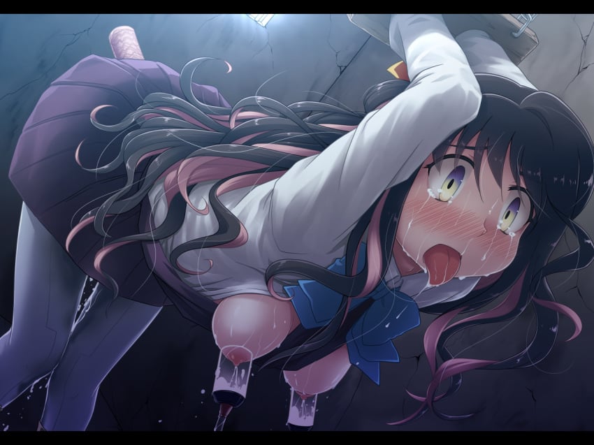 black_hair blush bondage bound breasts breasts_out empty_eyes female futatsuki_hisame kantai_collection lactation long_hair milking_machine multicolored_hair naganami_(kantai_collection) nipples pink_hair pussy_juice solo tears tongue tongue_out