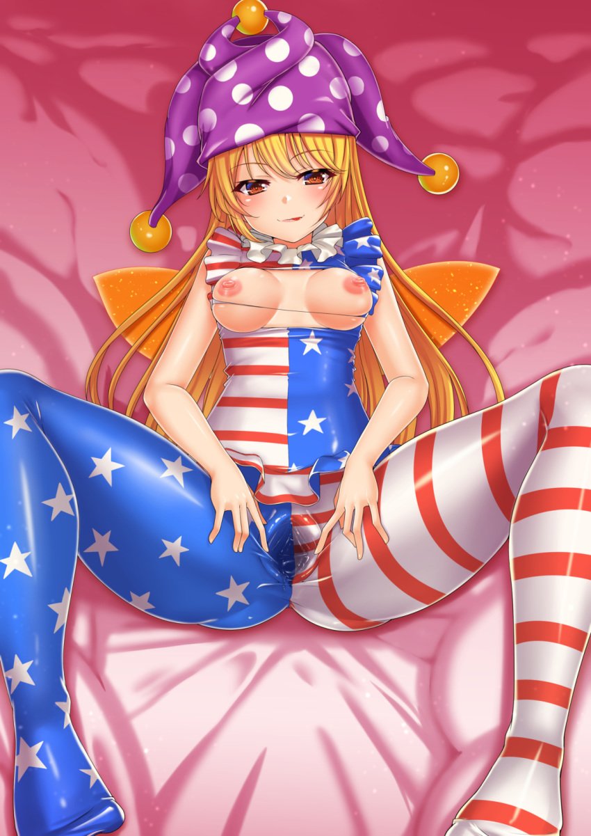 american_flag american_flag_legwear american_flag_shirt bangs blonde_hair blush breasts clownpiece dress fairy_wings female hat highres jester_cap long_hair looking_at_viewer lying medium_breasts neck_ruff nipples on_back pantyhose polka_dot short_sleeves solo spread_pussy_under_clothes star star_print striped torn_clothes torn_dress touhou wings