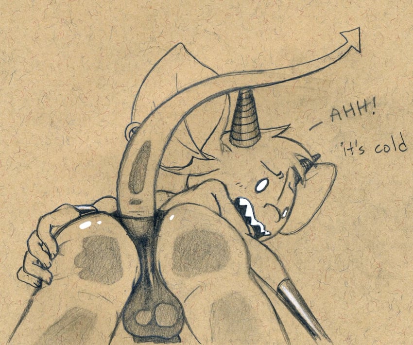 1boy anthro ass bent_over bulge dialogue english_text horn imp looking_at_viewer looking_back male male_only monochrome on_glass pencil_(artwork) presenting rear_view solo spade_tail talking_to_viewer testicles text traditional_media_(artwork) tush tush_(character)