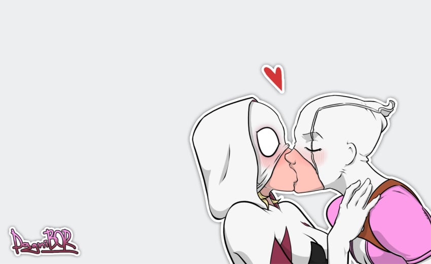 2girls blonde_hair dagnibor eyes_closed eyes_open female_only gwen_poole gwen_stacy gwenpool heart_symbol kissing marvel mask masked masked_female spider-gwen spider-man_(series) white_background yuri