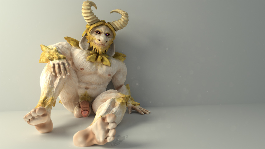 2017 3d anthro asgore_dreemurr balls bara beard blonde_hair chest_tuft facial_hair feet flaccid fur furry gay horn humanoid_penis king kreic looking_at_viewer male male_only mammal muscular nipples penis pink_penis royalty sitting uncut undertale white_fur