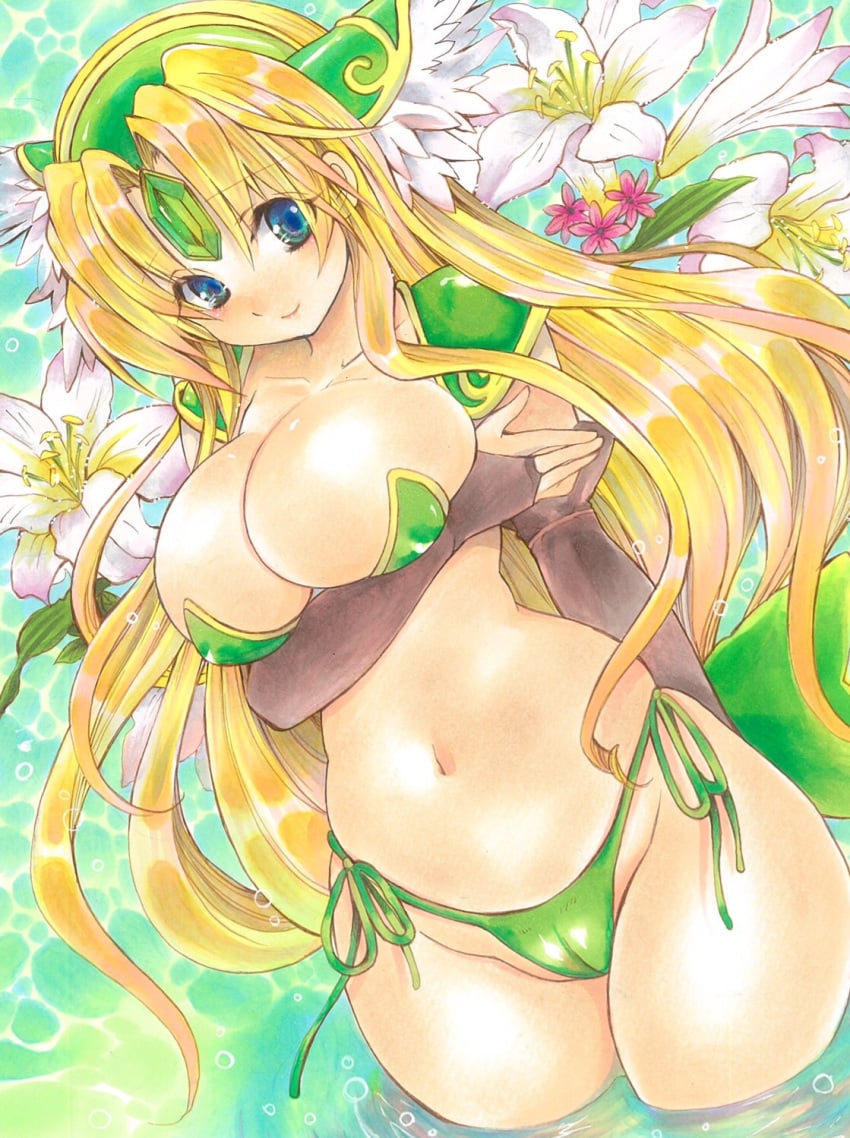 bikini blonde_hair blue_eyes blush breast_hold breasts cameltoe cleavage female flower gloves helmet highres large_breasts long_hair marker_(medium) navel riesz seiken_densetsu seiken_densetsu_3 side-tie_bikini smile solo swimsuit thick_thighs traditional_media trials_of_mana very_long_hair winged_helmet