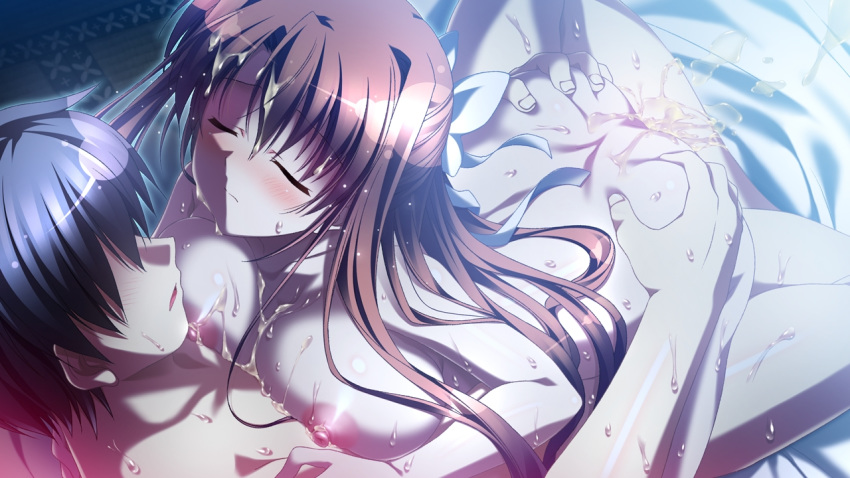 areolae ass_grab bed blush breasts brown_hair closed_eyes cum cum_on_breasts cum_on_hair facial female game_cg large_breasts long_hair natsuzora_no_perseus night nipples nude sawatari_tohka sex shouna_mitsuishi sweat vaginal_penetration yuzuna_hiyo