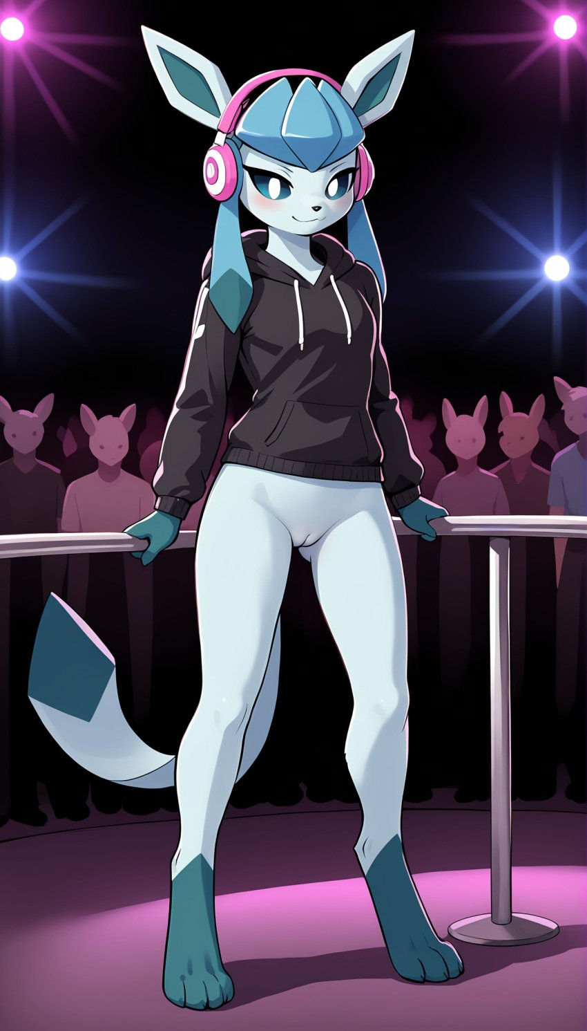 1girls 2025 ai_generated anthro blue_eyes blue_fur blushing bottomless bottomless_female club crowd digitigrade dj eeveelution female female_only generation_4_pokemon glaceon headphones hi_res hoodie indoors innie_pussy looking_at_viewer nintendo pokemon pokemon_(species) pussy smile