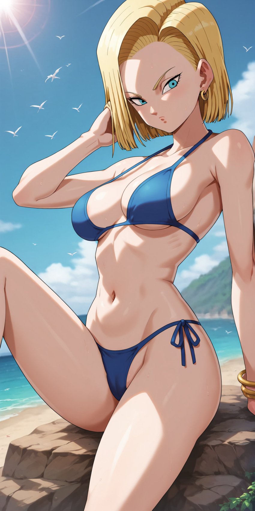 accurate_art_style ai_generated android android_18 android_girl anime anime_style beach beach_background beautiful big_ass big_breasts big_butt blonde_female blonde_hair blonde_hair curvy curvy_body curvy_female curvy_figure curvy_hips dragon_ball dragon_ball_z  female female female_only hips_grab laying laying_on_sand laying_on_side legs legs_together pixiv sexy sexy_pose thick_thighs touching_hip touching_leg touching_legs wide_hips miyaji_ai miyaji_ai_(artist) tagme