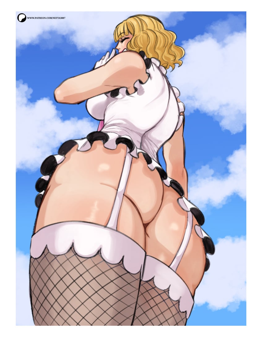 ass ass_focus blonde_hair closed_eyes clothing dress female female_only fishnets gloves lingerie nefta3007 no_panties one_piece one_piece:_egghead_arc revealing_clothes skirt smile stockings stussy_(one_piece) thighhighs tie white_dress yrjio