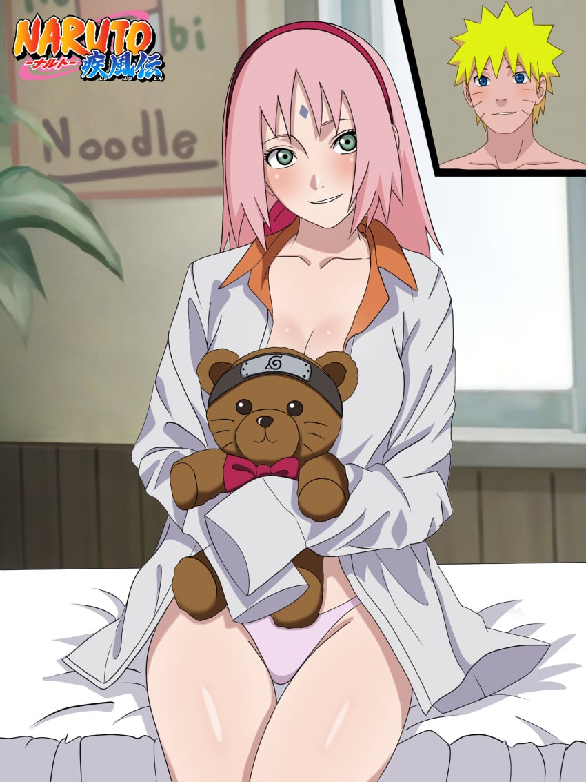 1boy 1girls after_sex almost_naked baggy_clothing bangs blush borrowed_clothes bowtie cleavage female female_focus forehead_mark forehead_protector green_eyes hairband hi_res holding_object jacket konohagakure_symbol long_hair looking_at_viewer mostly_nude naruto naruto_(series) naruto_shippuden no_bra open_clothes open_jacket panties petite pink_hair pinup post-timeskip sakura_haruno sephtis sitting sitting_on_bed smile solo solo_female solo_focus stuffed_animal stuffed_toy teddy_bear upper_body uzumaki_naruto watermark whisker_markings whiskers wide_sleeves