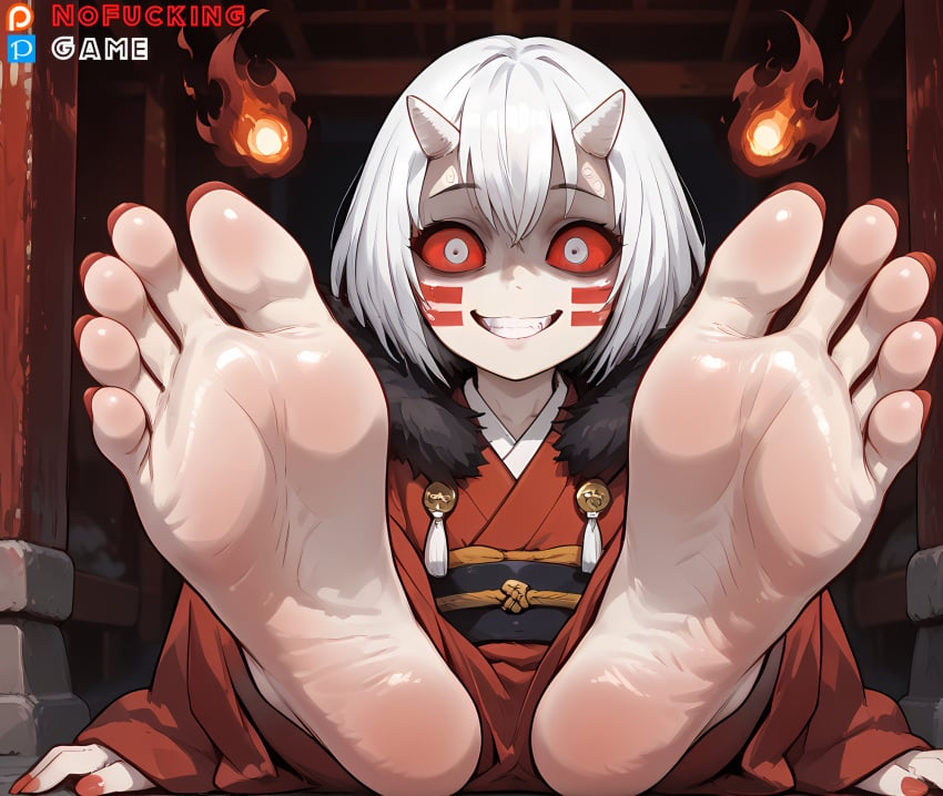 ai_generated bangs bare_legs barefoot black_sclera blush breasts clothing colored_sclera demon demon_girl demon_slayer facial_mark feet female female_only fetish fire foot_fetish foot_focus foreshortening fur_trim grin high_resolution horns kimono legs long_hair looking_at_viewer mukago mukago_(kimetsu_no_yaiba) nail_polish nofuckinggame obi oni oni_horns pov_feet red_eyes red_kimono red_nails red_sclera robe sash shiny short_hair sitting smile soles solo teeth toenail_polish toenails toes traditional_clothes wafuku white_hair yandere