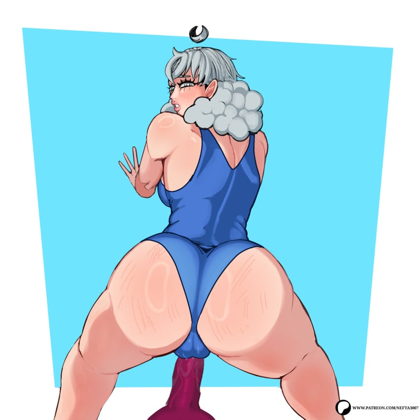 back_view big_ass blush dildo fat_ass female female_only fluffy_hair grey_hair moon nefta3007 nervous oc original_character swimsuit yrjio