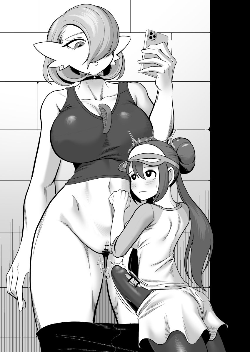 2girls absurdres arm_at_side ass bar_censor bare_shoulders blush bob_cut breasts brick_wall bulge cellphone censored choker clitoral_hood closed_mouth collarbone commentary cowboy_shot crop_top donut_hair_bun double_bun earrings english_commentary erection erection_under_clothes eye_contact from_behind futa_with_female futanari gardevoir hair_bun hair_over_one_eye hand_up highres holding holding_phone interspecies iphone jewelry large_breasts leggings leggings_pull looking_at_another looking_down looking_up mature_female multiple_girls navel one_eye_covered pantyhose penis penis_out phone pokemon pokemon_(creature) pokemon_bw2 pussy pussy_juice raglan_sleeves rosa_(pokemon) shirt short_hair short_shorts shorts sidelocks sleeveless sleeveless_shirt small_breasts smartphone standing stomach stud_earrings tekkin_papa torn_clothes torn_pantyhose twintails veins veiny_penis visor_cap