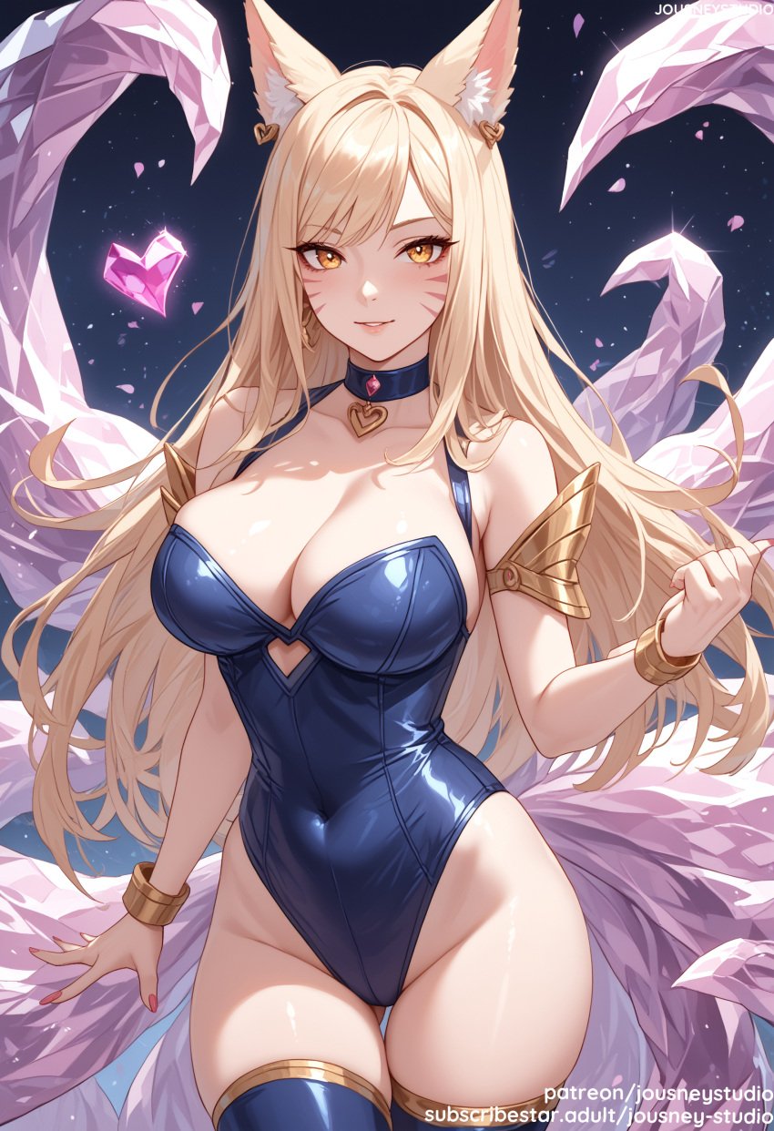 ahri ahri_(league_of_legends) ai_generated animal_ear_fluff animal_ears animal_tail armlet bangs bare_shoulders black_choker blonde_hair blue_leotard blue_thighhighs blush bracelet breasts choker clavicle cleavage closed_mouth clothing covered_navel cowboy_shot earrings facial_mark female female female_only fox_ears fox_girl fox_tail groin heart heart_choker highleg highleg_leotard jewelry jousneystudio k/da_(league_of_legends) k/da_ahri k/da_all_out_series k/da_series large_breasts league_of_legends legwear leotard long_hair looking_at_viewer multiple_tails nail_polish navel parted_lips pink_nails riot_games smile solo standing strapless strapless_leotard swept_bangs tail thigh_gap thighhighs thighs very_long_hair whisker_markings yellow_eyes