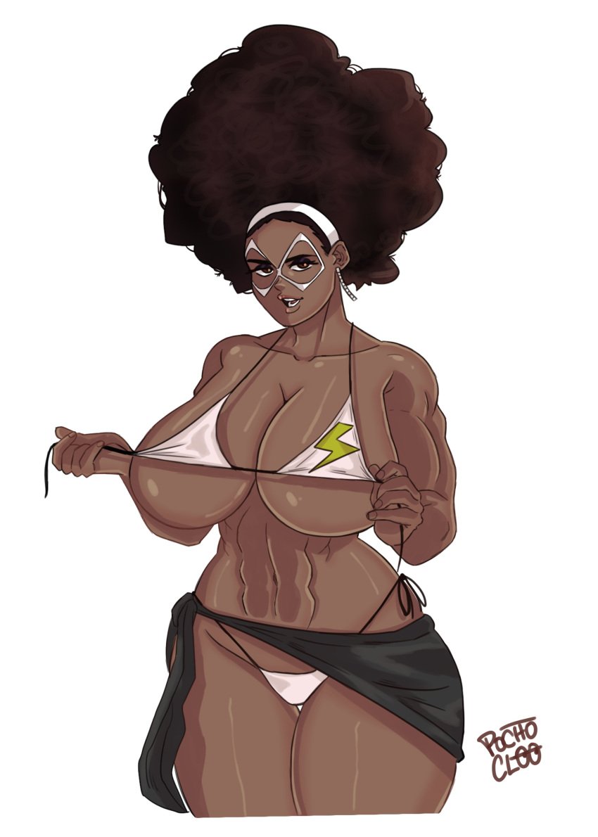 1girls 2024 2d_(artwork) abs afro alternate_universe belly_button big_breasts bikini breasts clavicle cleavage dark-skinned_female earrings headband looking_at_viewer marvel mask mature_female milf ms._marvel_(cosplay) muscular_female open_mouth original_character pochoclogigi sala_rolle_(mermaid_kunoichi) sarong simple_background solo_female solo_focus swimsuit thighs undressing waist white_background white_bikini