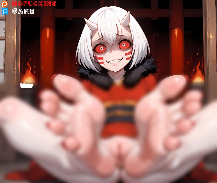 1girl ai_generated artist_name bangs barefoot black_sclera blurry blurry_background blurry_foreground clothing colored_sclera demon demon_girl demon_slayer depth_of_field facial_mark feet female fire foot_focus foreshortening glowing grin high_resolution horns kimono looking_at_viewer mukago mukago_(kimetsu_no_yaiba) nail_polish nofuckinggame oni oni_horns red_eyes red_kimono red_sclera robe sharp_teeth short_hair sitting smile soles solo spread_legs teeth toenail_polish toenails toes traditional_clothes wafuku white_hair yandere