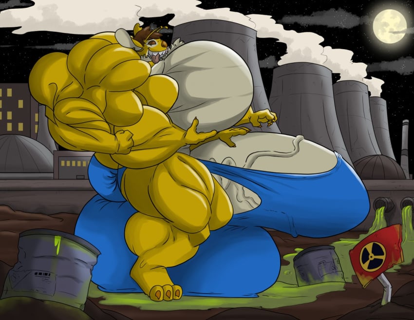 2019 3_toes 4_arms 4_fingers alien antennae_(anatomy) anthro balls_outline barely_contained barely_contained_penis barrel big_bulge big_muscles big_pecs biped blue_clothing blue_underwear brown_eyes brown_hair brown_nose building bulge claws clothing cooling_tower detailed_bulge disney experiment_(lilo_and_stitch) fan_character feet finger_claws fingers fur genital_outline genitals grin hair hand_on_penis hazard_symbol huge_bulge huge_muscles huge_pecs hyper hyper_bulge hyper_muscles hyper_pecs lilo_and_stitch male moon multi_arm multi_limb muscular muscular_anthro muscular_male mutoprime night notched_ear outside pecs penis radiation_symbol sharp_teeth sign smile solo stitchils symbol teeth toe_claws toes tongue tongue_out toxic_waste underwear vein veiny_penis yellow_body yellow_fur