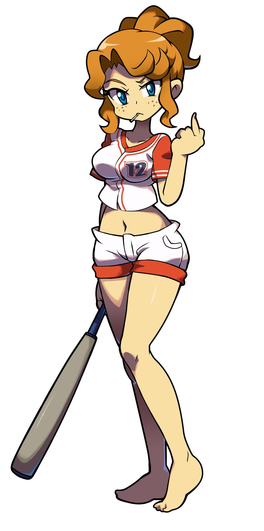 1girls alternate_version_available baseball_bat baseball_uniform blue_eyes deponia freckles hi_res midriff navel niyuyu orange_hair style_emulation style_parody toni_(deponia) transparent_background