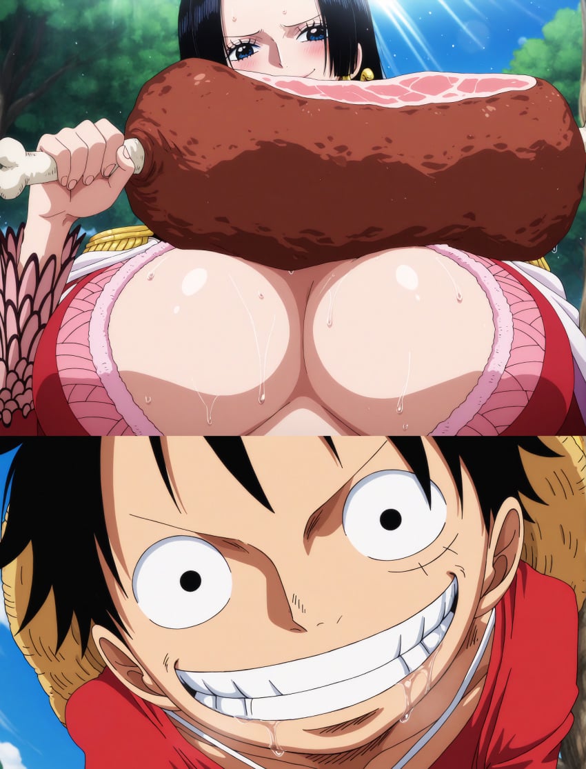 1girls ai_generated areola areola_slip areolae artist_request big_breasts boa_hancock covered_nipples female heart heart_gesture heart_symbol monkey_d_luffy nude one_piece pov