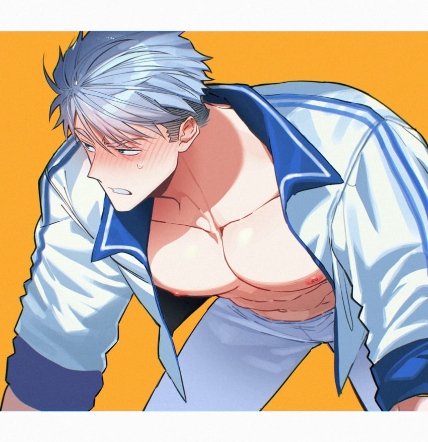 1boy abs alfi_(tok) blue_eyes blush embarrassed male male_only muscular muscular_male nipples open_clothes orange_background original parted_lips pecs silver_hair simple_background solo sweat