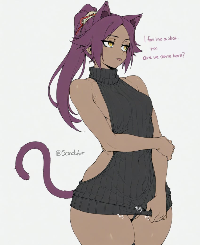 :p ai_generated animal_ears artist_name backless_outfit bare_shoulders black_sweater black_thighhighs bleach breasts cat_ears cat_tail cowboy_shot dark-skinned_female dark_skin dress english_text female long_hair medium_breasts meme_attire partially_visible_vulva ponytail purple_hair shihouin_yoruichi sideboob simple_background solo sondu sweater tail thighhighs thighs tongue tongue_out turtleneck turtleneck_sweater twitter_username virgin_killer_sweater white_background yellow_eyes