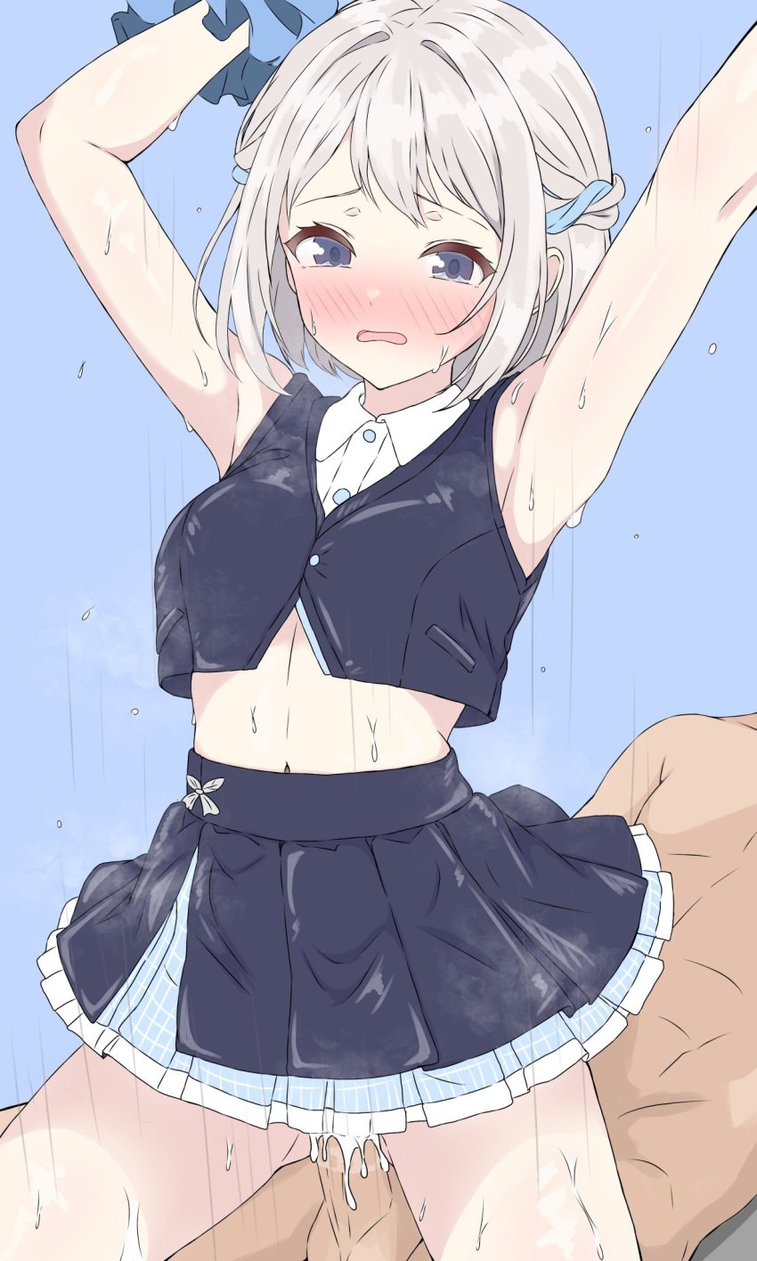 1boy armpits arms_up blue_eyes blush clothed_sex commentary_request cowgirl_position cum cum_in_pussy female gakuen_idolmaster grey_hair hair_between_eyes hair_ornament highres idolmaster katsuragi_lilja looking_at_viewer open_mouth penis pussy_juice sex simple_background sleeveless straddling sweat watti3600