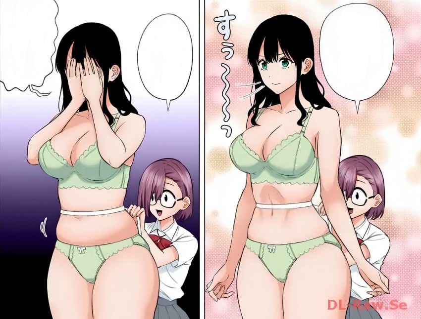 2.5_jigen_no_ririsa abe_marina amano_ririsa bare_arms bare_belly bare_legs bare_shoulders bare_thighs belly_button black_hair bow_panties bra breasts chubby_female cleavage closed_mouth collarbone glasses green_bra green_eyes green_panties hands_on_own_face hashimoto_yuu huge_breasts long_hair manga measurements official_art open_mouth panties purple_hair short_hair smile thick_thighs thighs underwear