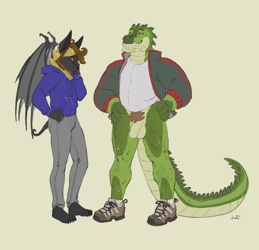 anthro balls bat bottomless canine clothed clothing crocodile crocodilian duo flaccid humanoid_penis hybrid julicat male male_only mammal overweight penis pubes reptile scalie smile standing uncut wings