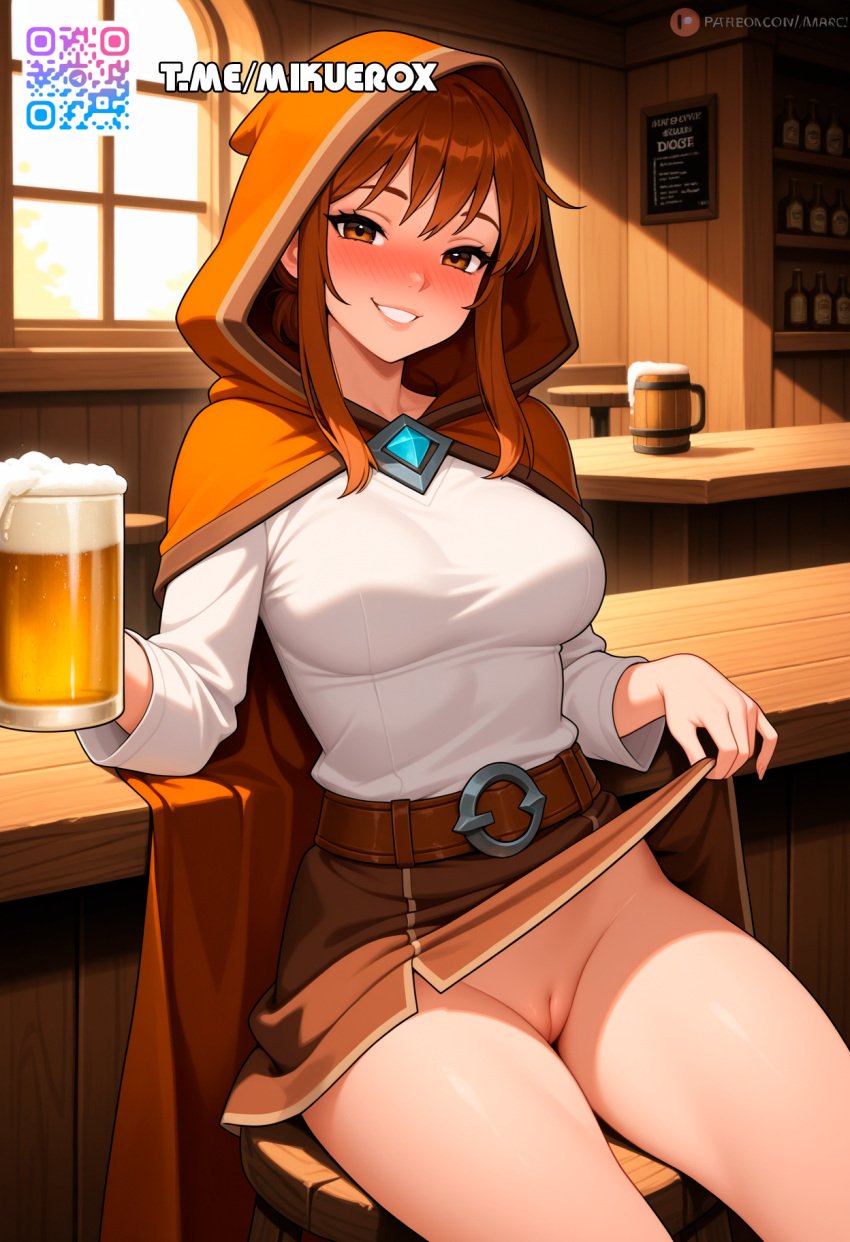 ai_generated alcohol bar beer belt cape cleft cloak clothes dota_2 drunk female lips marci medium mug of shirt sidelocks sitting skirt smile solo stool table uncensored venus white window