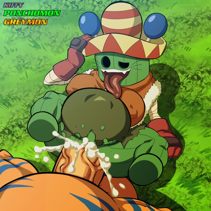 1boy 1girls anthro balls bandai_namco belly breasts cactus cum cum_in_pussy cumflation digimon digimon_(species) dinosaur female flora_fauna greymon hat inflation kiffy_(artist) male male/female penis ponchomon pussy scalie sex smile sweat vaginal_penetration veiny_penis whiskers