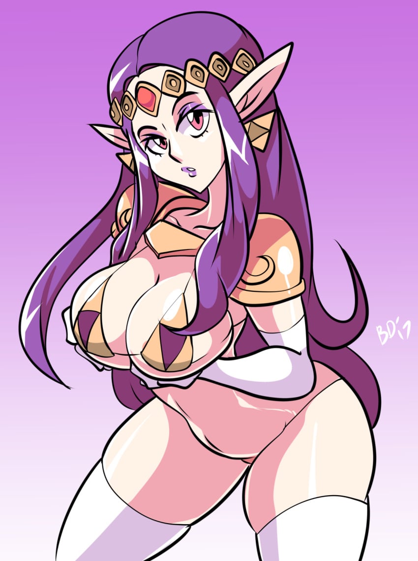 1girls a_link_between_worlds bigdeadalive bikini breast_fondling breast_grab breast_lift busty cleavage eyeshadow female lipstick lorulean_earrings lorulian makeup nintendo princess princess_hilda purple_hair solo the_legend_of_zelda triforce_bikini triforce_earrings voluptuous