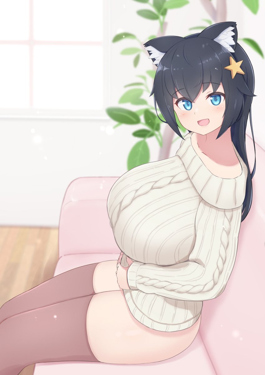 1girls alternate_version_available animal_ears bangs big_breasts black_hair blue_eyes blush breasts clothed clothing couch eyebrows_visible_through_hair female female_focus female_only hair_ornament hands_on_belly indoors kemonomimi large_breasts looking_at_viewer sitting solo someone_else&#039;s_oc star_hair_ornament subten sweater thick_thighs thighhighs thighs