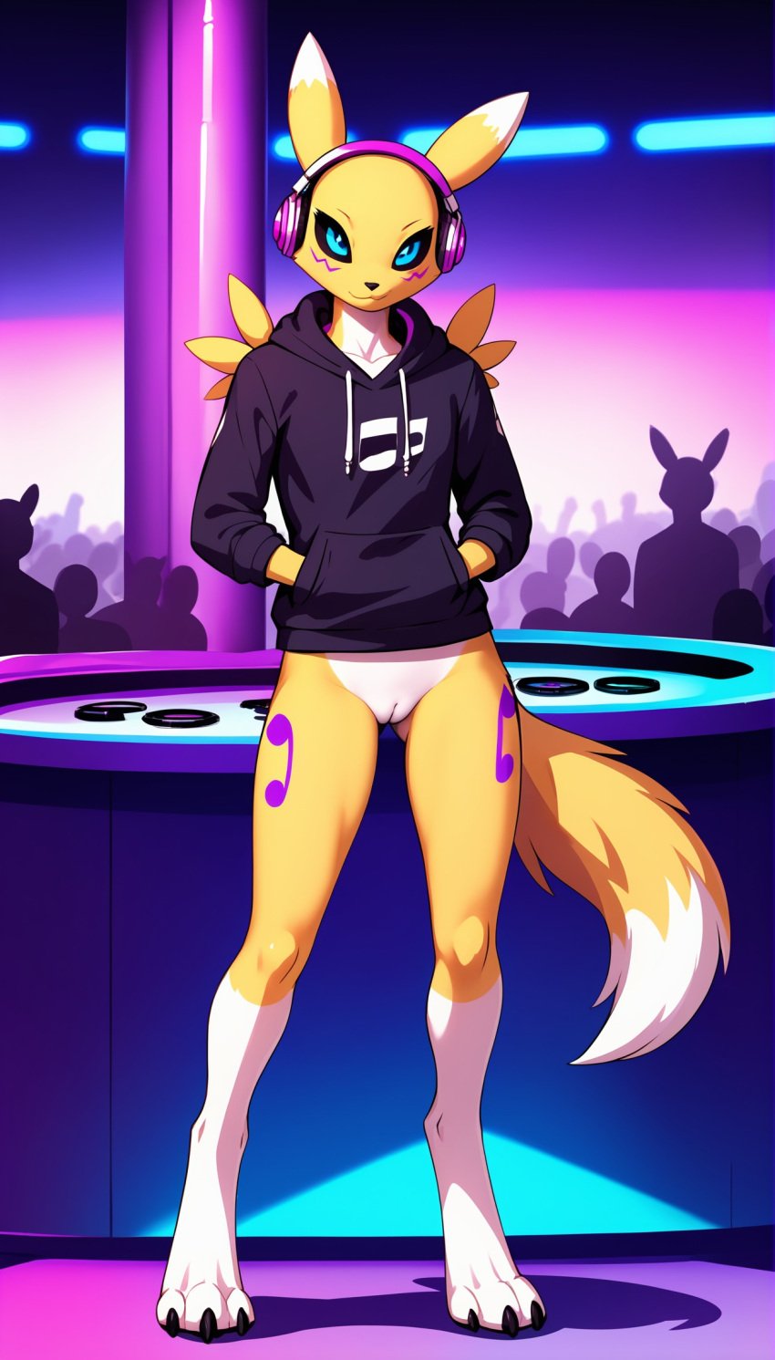 1girls 2025 ai_generated anthro black_sclera blue_eyes bottomless bottomless_female club crowd digimon digimon_(species) digitigrade dj female female_only headphones hi_res hoodie indoors innie_pussy looking_at_viewer neon_lights pussy renamon smile white_fur yellow_fur