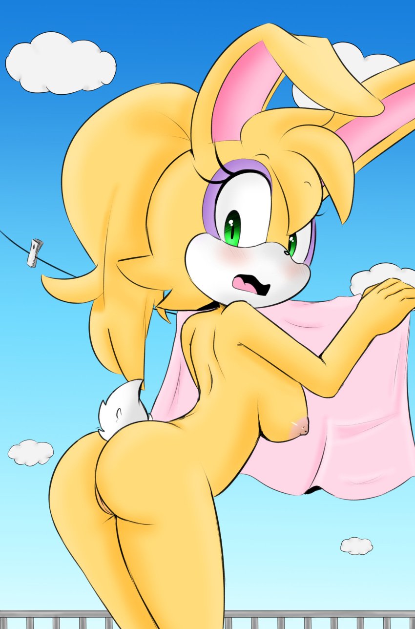 2016 anthro areola ass big_breasts blush breasts bunnie_rabbot female fur furry furry_only hearlesssoul hi_res highres lagomorph long_hair looking_at_viewer looking_back mammal naked nipples nude open_mouth popon13 pussy rabbit raised_tail solo sonic_(series) sonic_the_hedgehog_(archie) sonic_the_hedgehog_(comics) surprise tail tongue