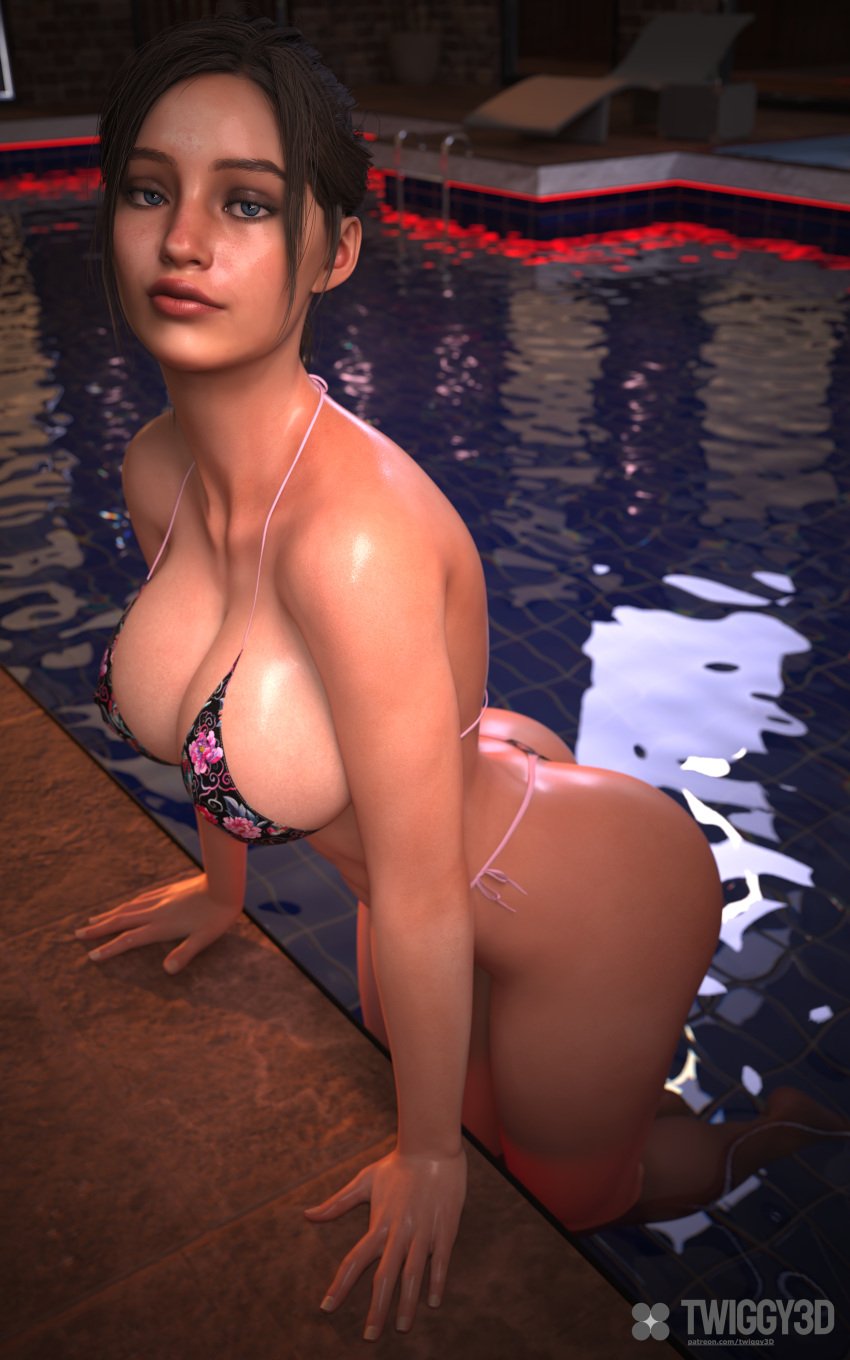 3d big_breasts bikini brown_hair claire claire_redfield cleavage huge_breasts large_breasts massive_breasts ponytail pool resident_evil resident_evil_2 resident_evil_2_remake twiggy3d wet wet_skin