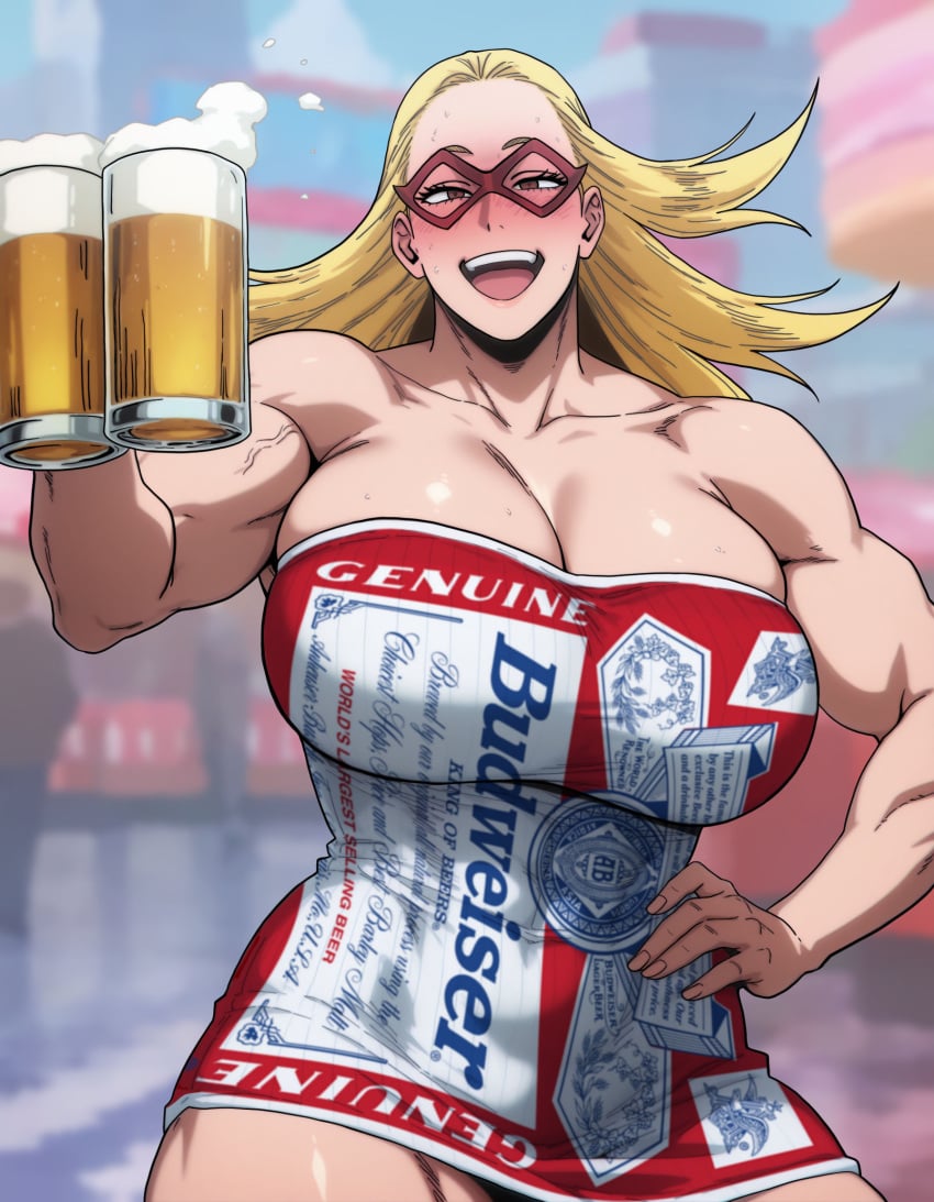 1girls beer beer_mug big_breasts blonde_hair blurry_background blush breasts brown_eyes budweiser cathleen_bate clothing drunk female female_only hand_on_hip hi_res huge_breasts human joi_(artist) light-skinned_female long_hair looking_at_viewer mask muscular muscular_arms muscular_female my_hero_academia open_mouth skindentation smile solo star_and_stripe_(my_hero_academia) superheroine tube_dress