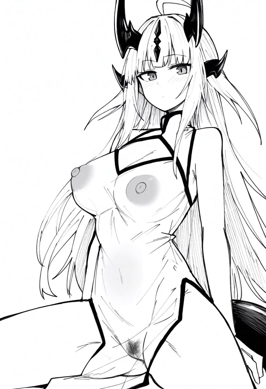 ahoge alternate_costume arknights breasts china_dress chinese_clothes cleavage cleavage_cutout closed_mouth clothing_cutout commentary_request dress female female_pubic_hair highres horns large_breasts light_blush long_hair looking_at_viewer makigirisu monochrome navel nipples pubic_hair pussy reed_(arknights) see-through_clothes see-through_dress side_slit simple_background sitting sleeveless sleeveless_dress solo white_background