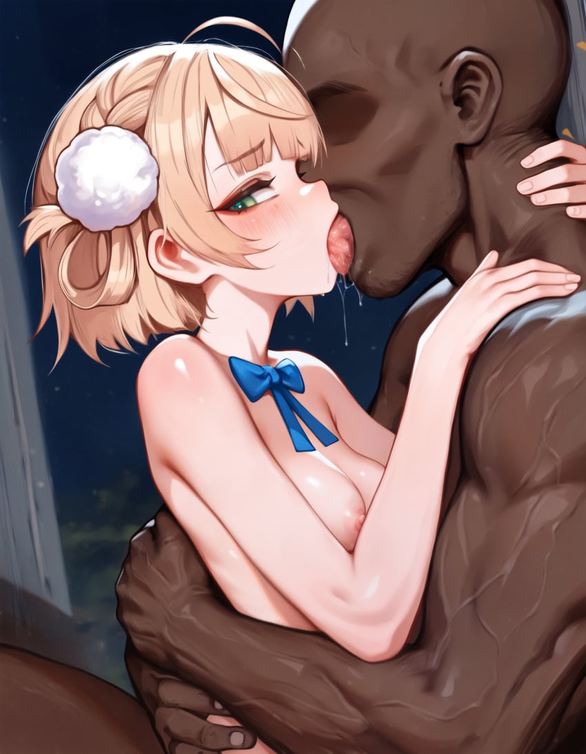 1boy 1girl1boy 1girls ai_generated blonde_hair blue_bow blunt_bangs blush bow dark-skinned_male female french_kiss from_side green_eyes hug indie_virtual_youtuber interracial kissing looking_at_viewer middle_finger muscular_male nipples nude pafu_(pafuunchained) pom_pom_hair_ornament pom_poms saliva shigure_ui_(vtuber) short_hair sideways_glance smug straight tongue_kiss virtual_youtuber