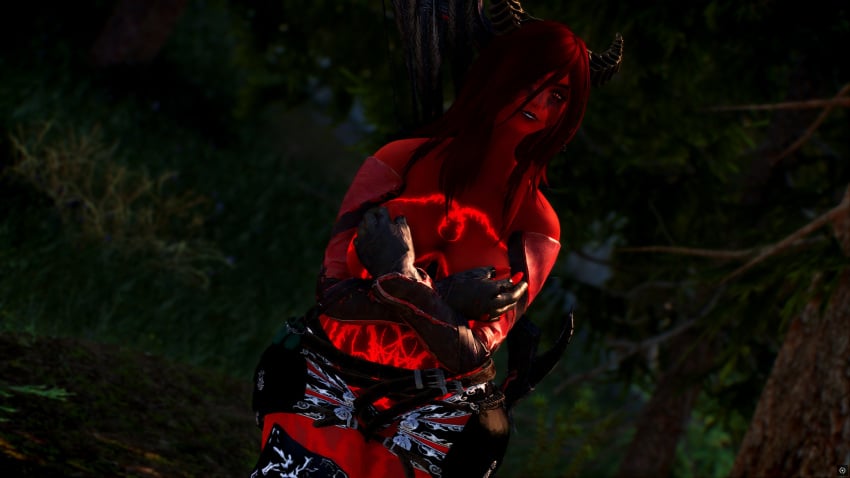 3d akilandi original_character red_body red_eyes red_hair skyrim skyrim_modded succubus succubus_horns video_games